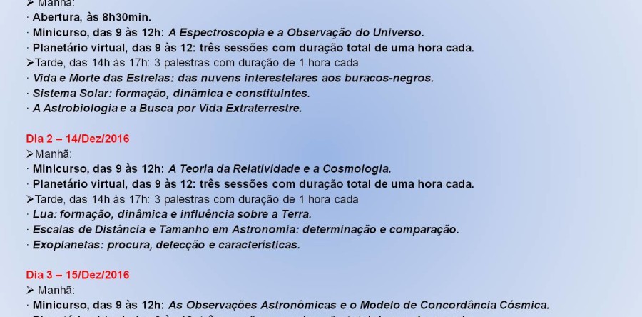 I Escola de Cosmologia, Astrofísica e Astronomia no Natal – 13/12 à 15/12/2016